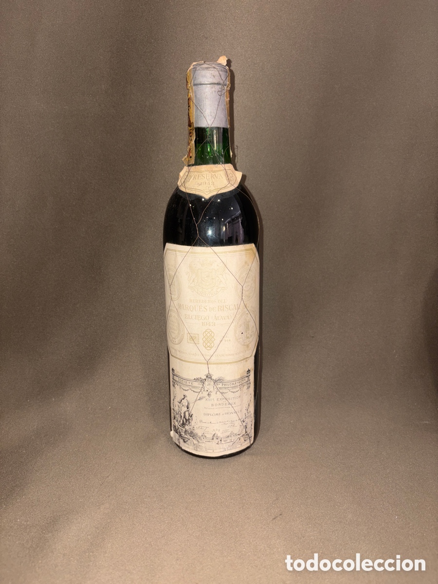 Coleccionismo de vinos y licores: Antigua botella reserva 1943,MARQU&Eacute;S DE RISCAL*EL CIEGO*ALAVA*LLENA Y PRECINTADA