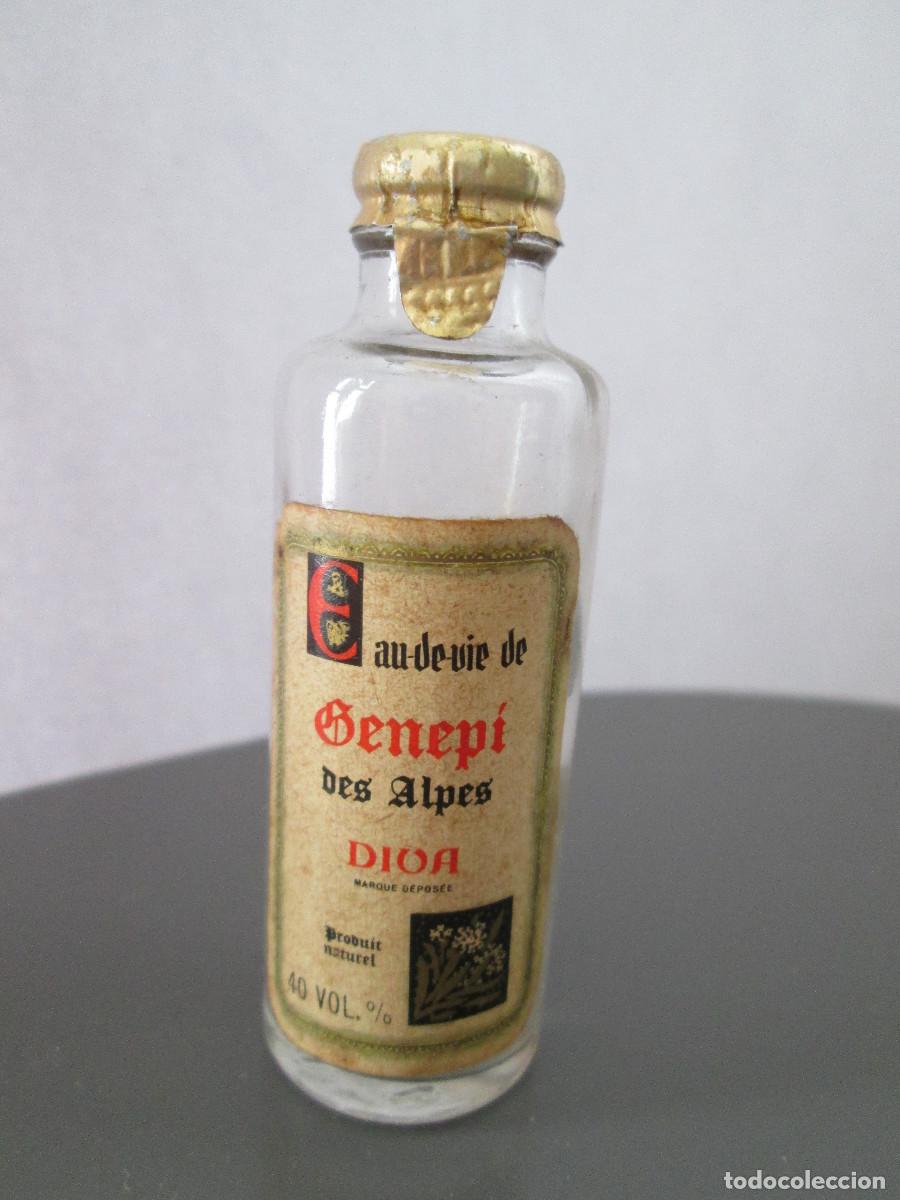 Colecionismo de vinhos e licores: BOTELLIN MINIATURA LICOR - AGUA DE VIDE DE GENEPI DE LOS ALPES - DIOA - 40 VOL - VACIA %