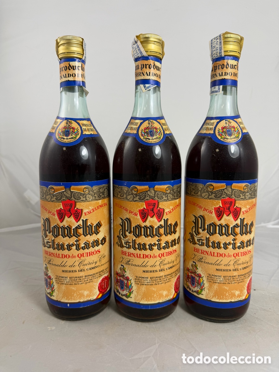 Coleccionismo de vinos y licores: Lote 3 Botellas Antiguas Ponche Asturiano Bernaldo de Quir&oacute;s &ndash; Mieres