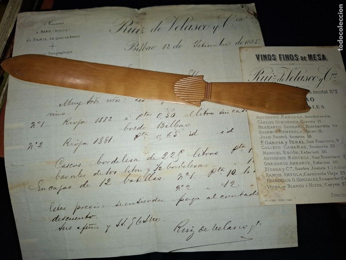 Coleccionismo de vinos y licores: Ruiz de Velasco. Bilbao. Haro Rioja. Vinos finos de mesa. 1885. Carta. Precios. Firma Velasco