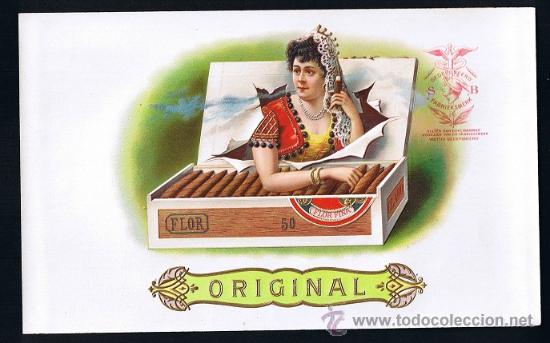 Vitolas de colecci&oacute;n: HABILITACION. VISTA .TITULO: &rdquo;ORIGINAL&rdquo; . TEMA: MUJERES, CAJAS DE TABACO, PUROS
