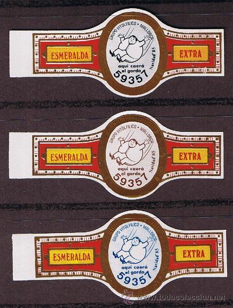 Bagues de cigare de collection: LA ESMERALDA.- LOTERIA DE NAVIDAD DEL GRUPO VIT. MALLORCA 1985 (3 VITOLAS) .- SERIE COMPLETA