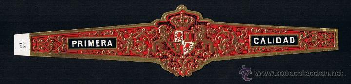 Collection cigar bands: PRIMERA CALIDAD .- VITOLA SEMIGIGANTE .- MEDIDAS 203 X 45 mm .- TEMA ESCUDOS