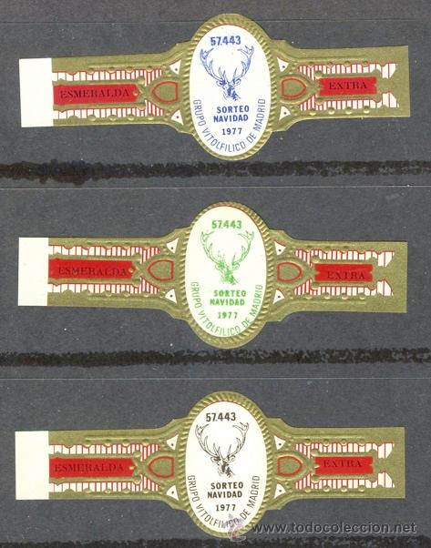 Vitolas de colecci&oacute;n: LA ESMERALDA.- LOTERIA DE NAVIDAD DEL GRUPO VIT. DE MADRID 1977 (3 VITOLAS) .- SERIE COMPLETA