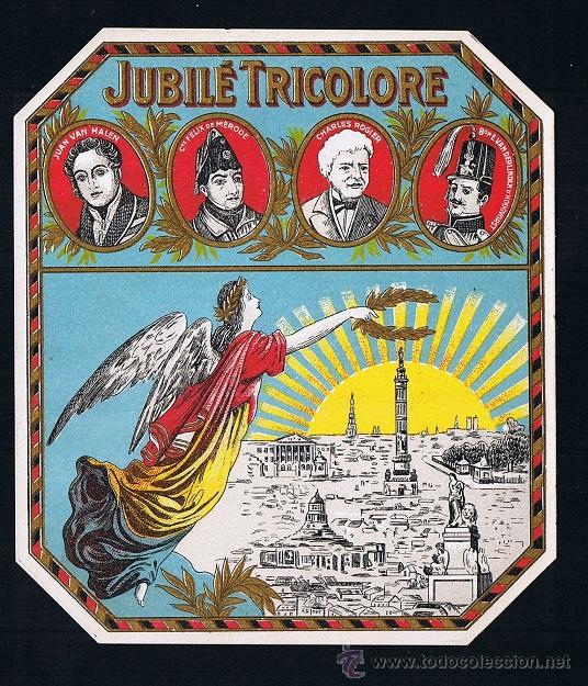 Collection cigar bands: HABILITACION.- PAPELETA. TITULO: JUBIL&Eacute; TRICOLORE. TEMA: MUJERES, MILITARES, EDIFICACIONES