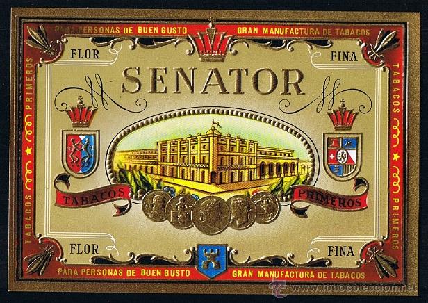 Collection cigar bands: HABILITACION.- PAPELETA. TITULO: SENATOR. TEMA: EDIFICACIONES, F&Aacute;BRICAS, ESCUDOS