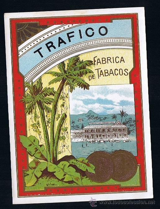 Collection cigar bands: HABILITACION - PAPELETA. TITULO: TRAFICO. TEMA: EDIFICACIONES, FABRICA, &Aacute;RBOLES, MONEDAS