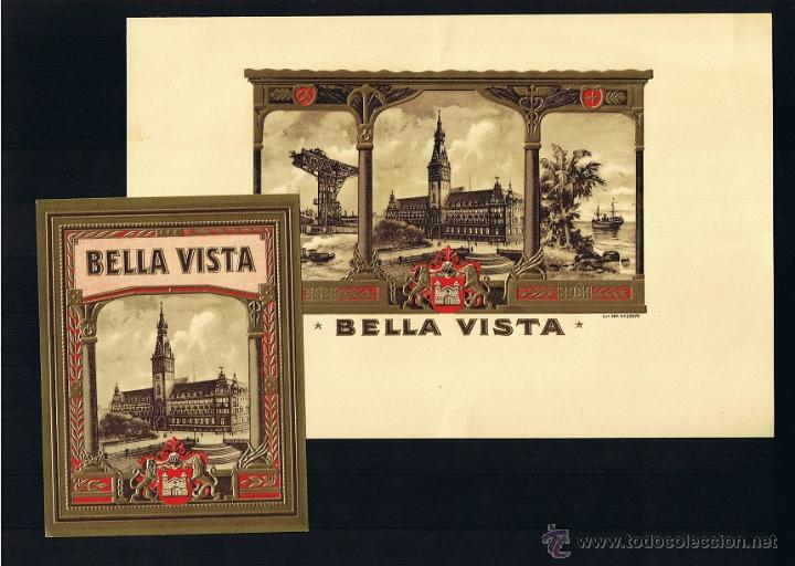 Collection cigar bands: HABILITACION -VISTA+PAPELETA.TITULO: BELLA VISTA. TEMA: EDIFICACIONES, MONUMENTOS, BARCOS, &Aacute;RBOLES