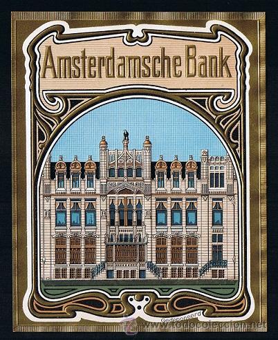 Collection cigar bands: HABILITACION - PAPELETA. TITULO: AMSTERDAMSCHE BANK. TEMA: EDIFICACIONES, BANCOS