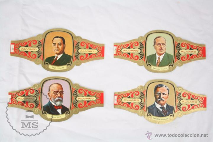 Vitolas de colecci&oacute;n: 4 Vitolas de Puros - Alvaro. Colecci&oacute;n Premios Nobel - Koch, Roosevelt, Houssay, Bunche