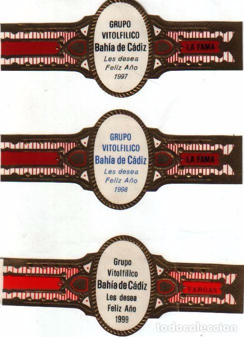 Vitolas de colecci&oacute;n: Vitolas. Serie completa La Fama - Feliz A&ntilde;o 1997 - 98 - 99. G.V. Bah&iacute;a de C&aacute;diz. 3 vitolas