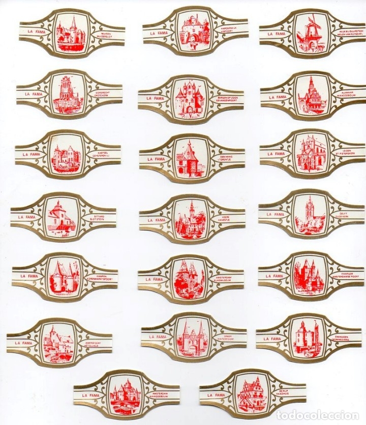 Vitolas de colecci&oacute;n: Vitolas. Serie completa La Fama - Edificios Holandeses, rojo, 20 vitolas,