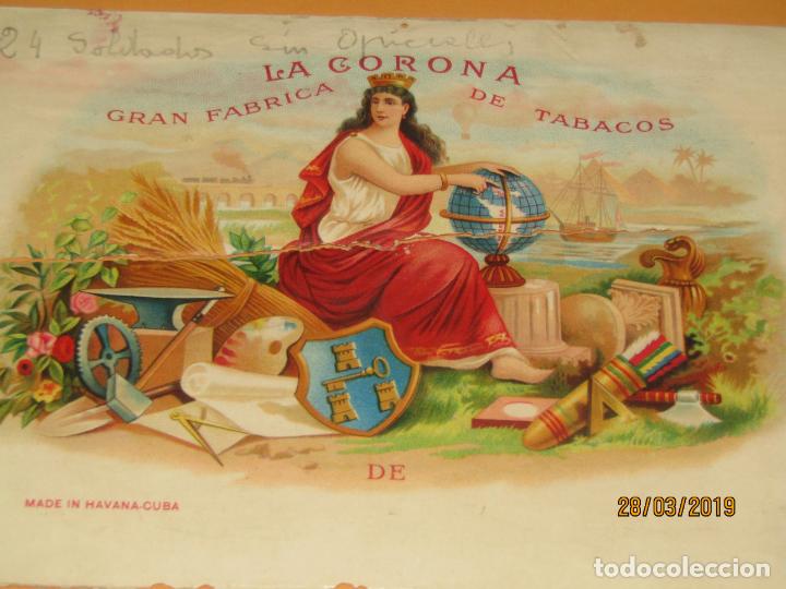 Vitolas de colecci&oacute;n: Habilitaci&oacute;n VISTA INTERIOR Tabacos Habana Cuba LA CORONA Litografiada y Dorada