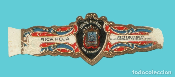 Vitolas de colecci&oacute;n: VITOLA MUY ANTIGUA - MARCA MEXICANA LA RICA HOJA - SERIE ESCUDOS DE ESPA&Ntilde;A - SAN SEBASTIAN