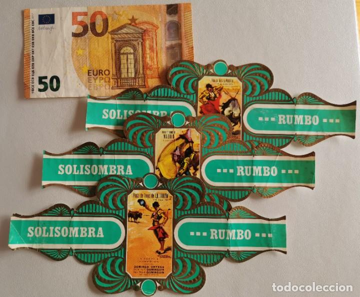 Vitolas de colecci&oacute;n: 3 Vitolas Cigarro Solisombra de Rumba, Serie taurina / Carteles hist&oacute;ricos