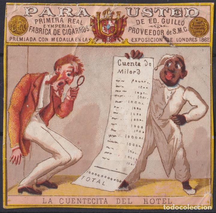 Vitolas de colecci&oacute;n: &rdquo;TAB-111 CUBA 1860-80 LABEL MARQUILLA E. GUILLO TABACO TOBACCO. SERIE EXTRANJEROS VISITAN. LA CUENT