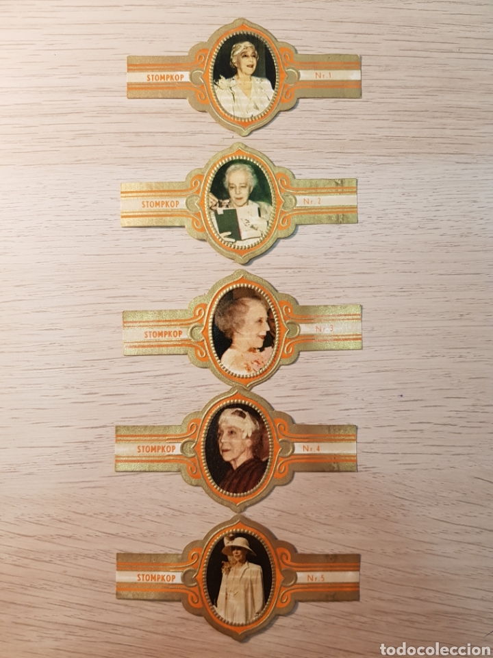 Vitolas de colecci&oacute;n: SERIE COMPLETA 5 VITOLAS. REINA ISABEL DE B&Eacute;LGICA. COLOR NARANJA. STOMPKOP.