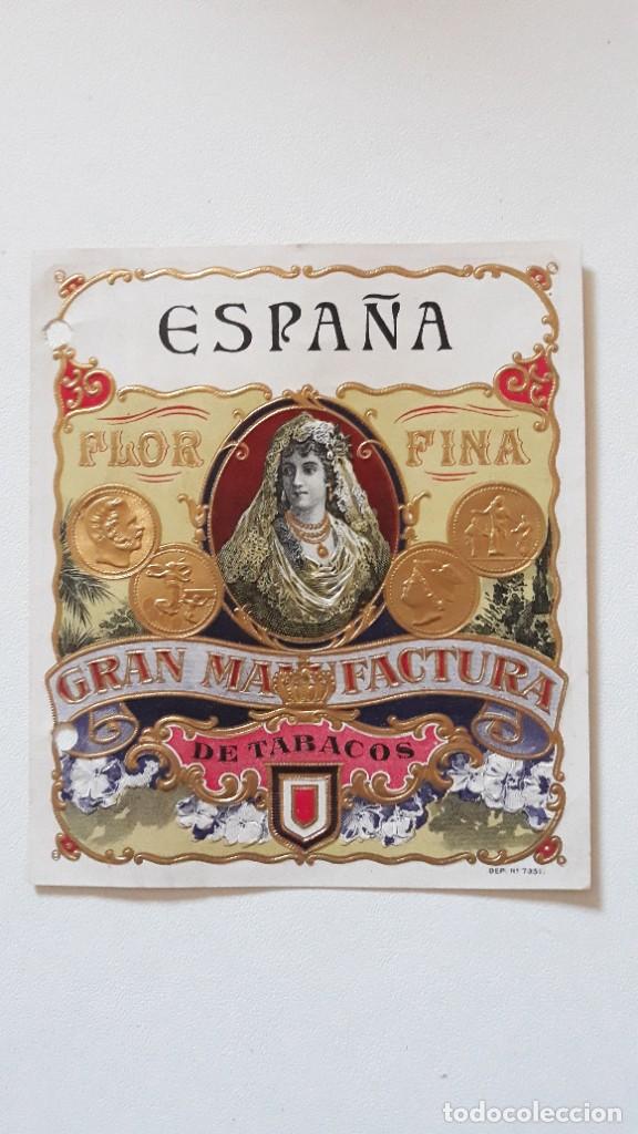 Vitolas de colecci&oacute;n: Habilitaci&oacute;n Litograf&iacute;a Tabacos. ESPA&Ntilde;A. FLOR FINA GRAN MANUFACTURA DE TABACOS.