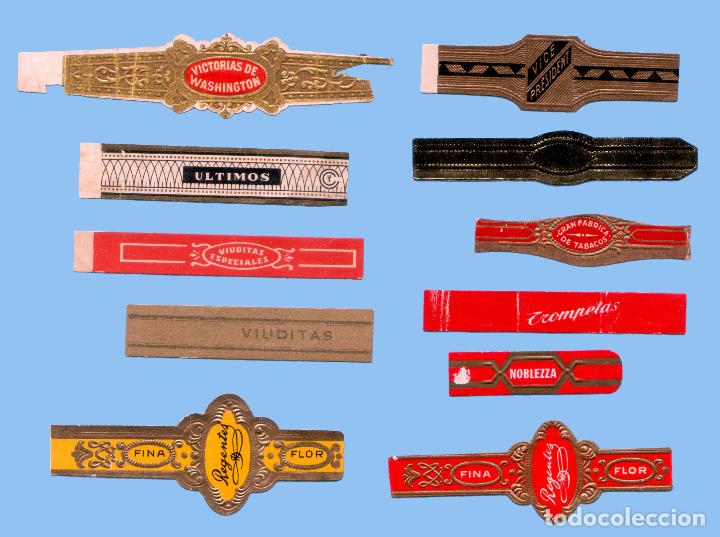 Sammlung von Banderolen: 11 VITOLAS ANTIGUAS - SIN MARCA - CON EL TEXTO &rdquo;REGENTES, VIUDITAS, ULTIMOS, TROMPETAS&rdquo;