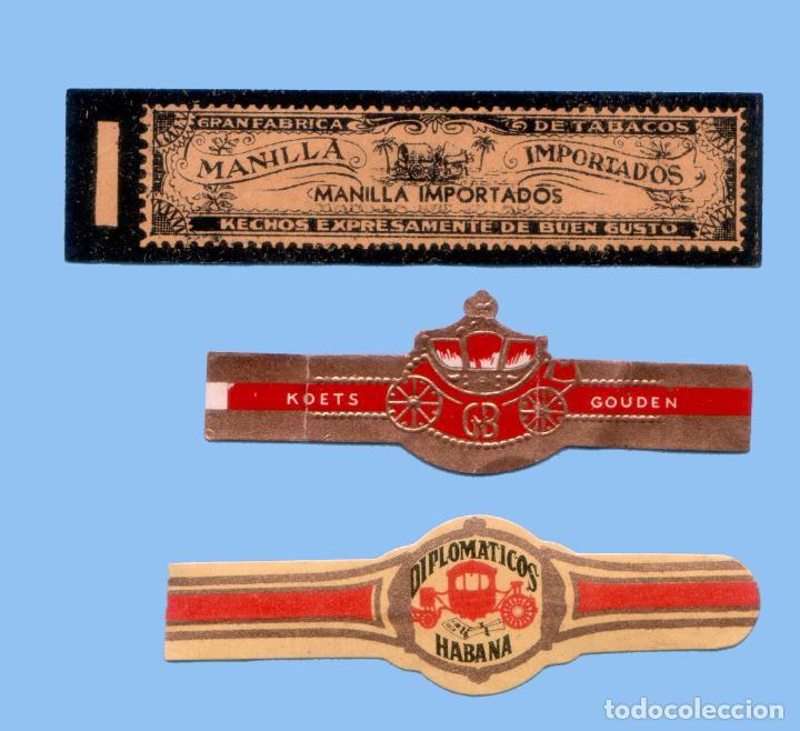 Collection cigar bands: 3 VITOLAS ANTIGUAS - DISTINTAS MARCAS - TEM&Aacute;TICA CARROS Y CARRETAS
