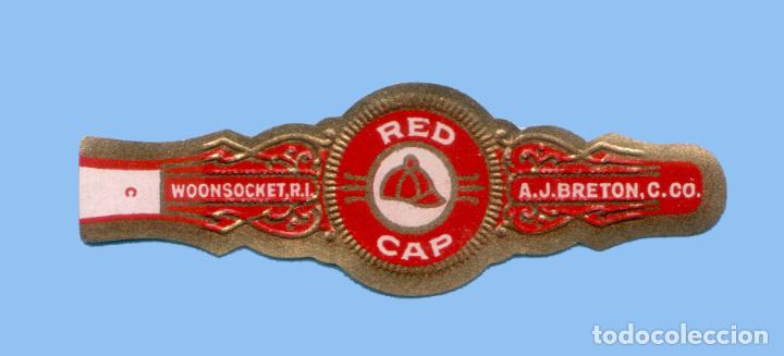 Collection cigar bands: VITOLA ANTIGUA - MARCA RED CAP. A. J. BRETON CO. (USA) - TEM&Aacute;TICA VESTIMENTA - GORRO
