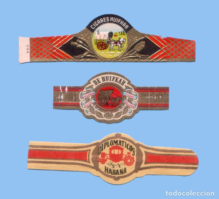 Sammlung von Banderolen: 3 VITOLAS ANTIGUAS - MARCAS HUIFKAR Y DIPLOM&Aacute;TICOS - TEM&Aacute;TICA CARRETAS