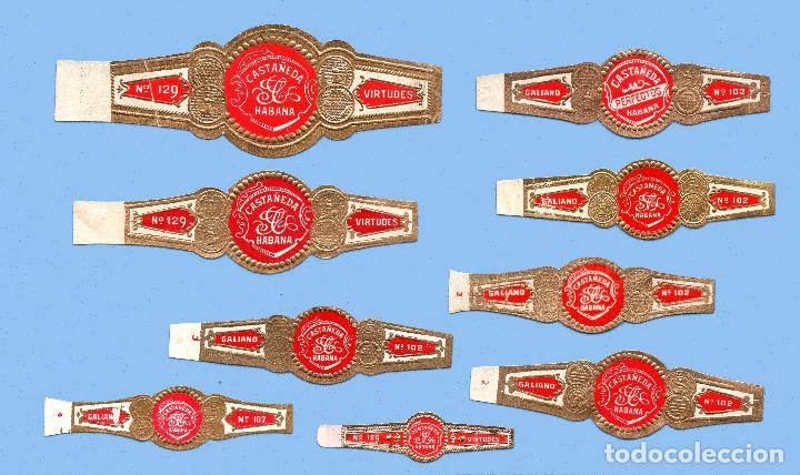 Bagues de cigare de collection: 9 VITOLAS CUBANAS ANTIGUAS - MARCA CASTA&Ntilde;EDA (TODAS DISTINTAS)