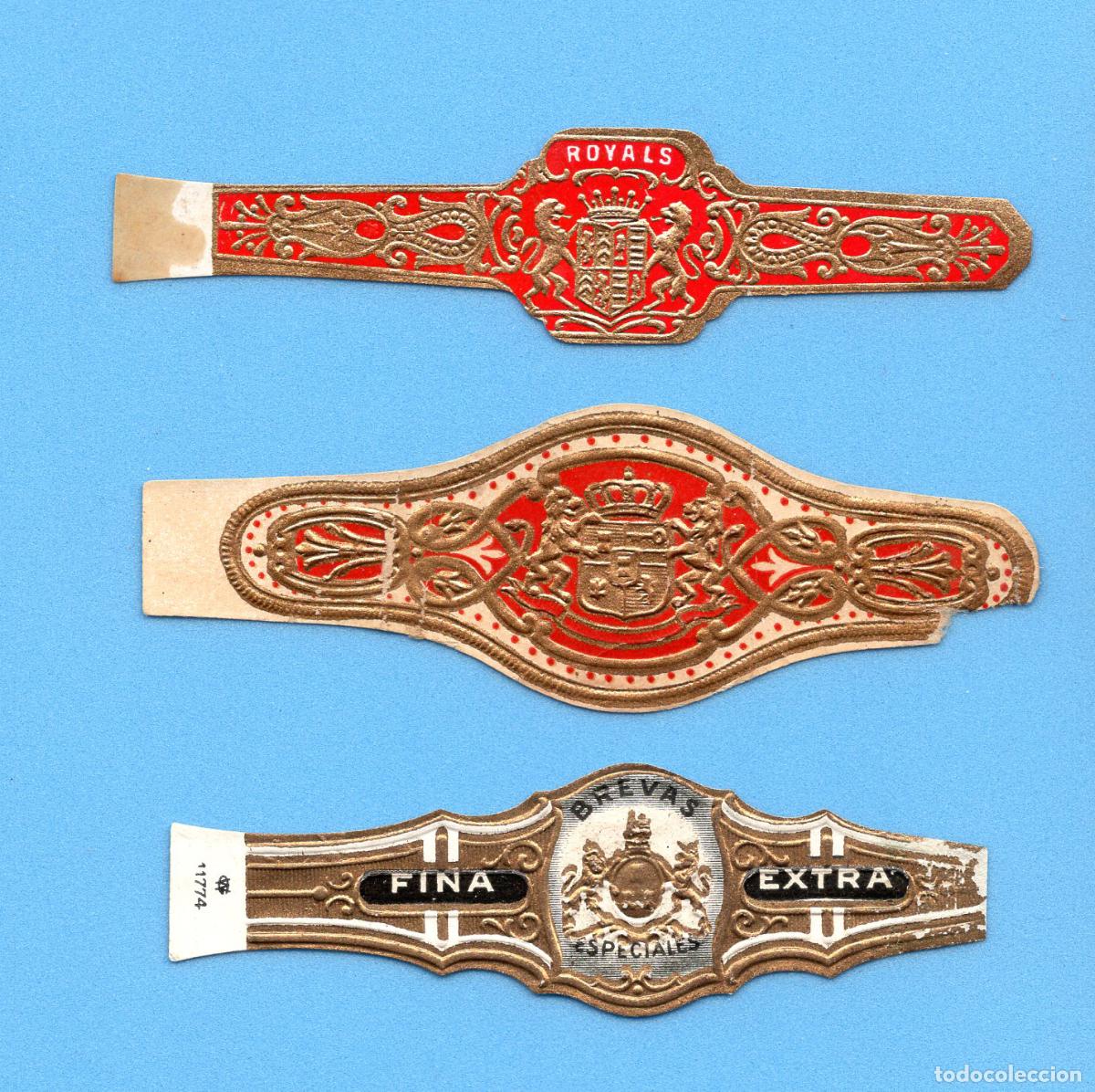 An&eacute;is de charuto de cole&ccedil;&atilde;o: 3 VITOLAS ANTIGUAS - SIN MARCA - TEM&Aacute;TICA HER&Aacute;LDICA - ESCUDO SOSTENIDO POR LEONES