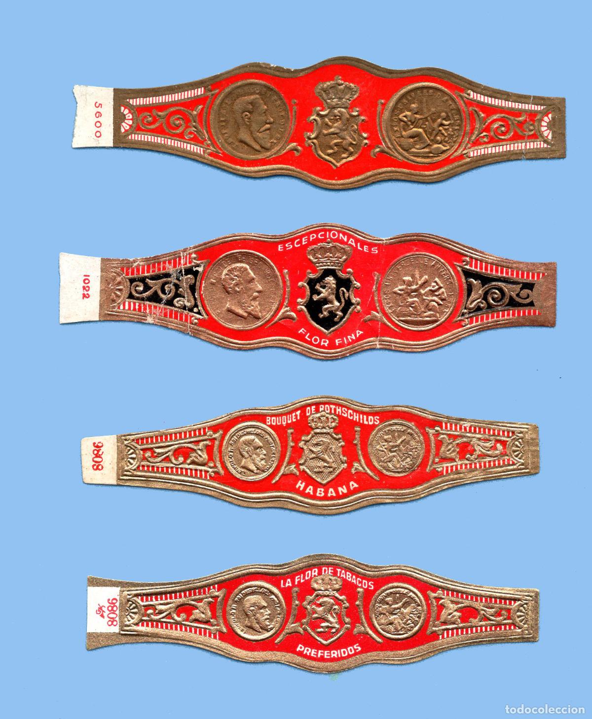 An&eacute;is de charuto de cole&ccedil;&atilde;o: 4 VITOLAS ANTIGUAS - SIN MARCA - TEM&Aacute;TICA HER&Aacute;LDICA - ESCUDO CON LEON RAMPANTE