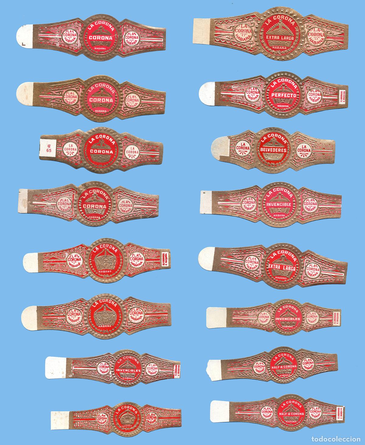 Vitolas de colecci&oacute;n: 16 VITOLAS CUBANAS ANTIGUAS - MARCA LA CORONA - FORMATO T&Iacute;PICO DE LA MARCA (TODAS DISTINTAS)