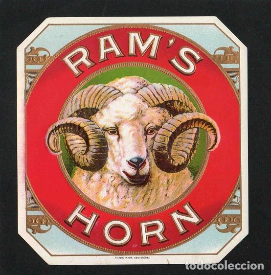 Vitolas de colecci&oacute;n: Vitola, original litograf&iacute;a. Antigua litograf&iacute;a de caja de tabacos. Rams&acute;s Horn.