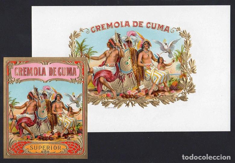 Vitolas de colecci&oacute;n: Vitola, original litograf&iacute;a. Antigua litograf&iacute;a de caja de tabacos. Cremola de Cuma.