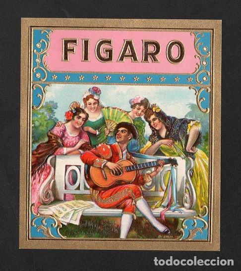 Vitolas de colecci&oacute;n: Vitola, original litograf&iacute;a. Antigua litograf&iacute;a de caja de tabacos. Figaro.
