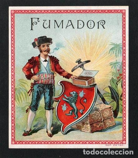 Vitolas de colecci&oacute;n: Vitola, original litograf&iacute;a. Antigua litograf&iacute;a de caja de tabacos. Fumador.