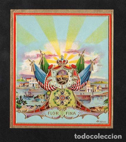 Vitolas de colecci&oacute;n: Vitola, original litograf&iacute;a. Antigua litograf&iacute;a de caja de tabacos. Flor Fina.