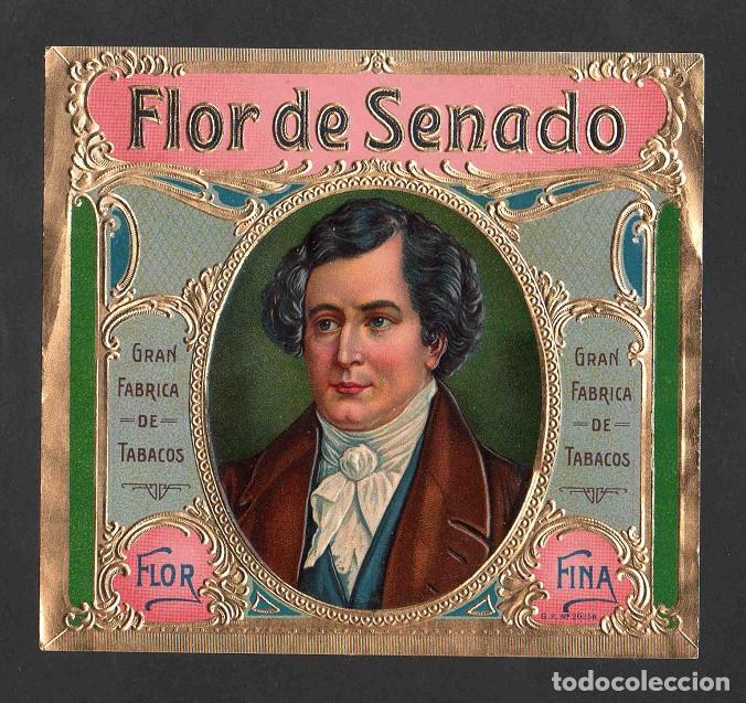 Vitolas de colecci&oacute;n: Vitola, original litograf&iacute;a. Antigua litograf&iacute;a de caja de tabacos. Flor de Senado.