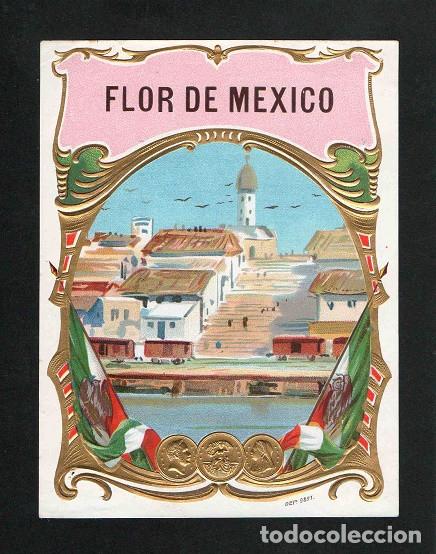 Vitolas de colecci&oacute;n: Vitola, original litograf&iacute;a. Antigua litograf&iacute;a de caja de tabacos. Flor de Mexico.