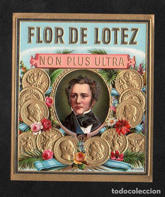 Vitolas de colecci&oacute;n: Vitola, original litograf&iacute;a. Antigua litograf&iacute;a de caja de tabacos. Flor de Lotez.