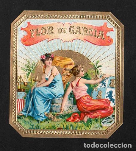 Vitolas de colecci&oacute;n: Vitola, original litograf&iacute;a. Antigua litograf&iacute;a de caja de tabacos. Flor de Garcia.