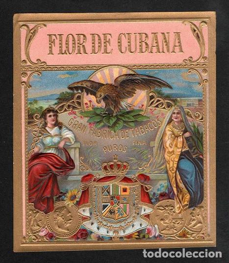 Vitolas de colecci&oacute;n: Vitola, original litograf&iacute;a. Antigua litograf&iacute;a de caja de tabacos. Flor de Cubana.