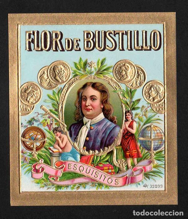 Vitolas de colecci&oacute;n: Vitola, original litograf&iacute;a. Antigua litograf&iacute;a de caja de tabacos. Flor de Bustillo.