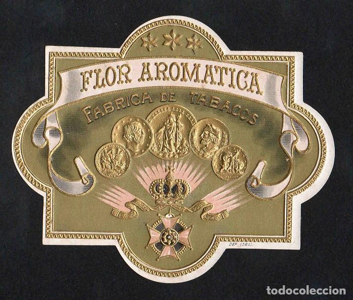 Vitolas de colecci&oacute;n: Vitola, original litograf&iacute;a. Antigua litograf&iacute;a de caja de tabacos. Flor Aromatica.