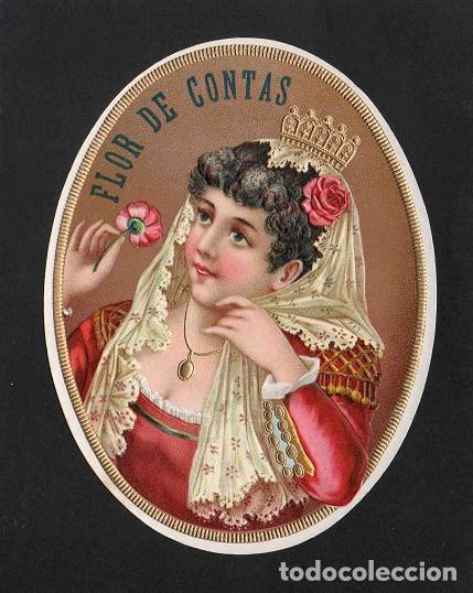 Vitolas de colecci&oacute;n: Vitola, original litograf&iacute;a. Antigua litograf&iacute;a de caja de tabacos. Flor de Contas.