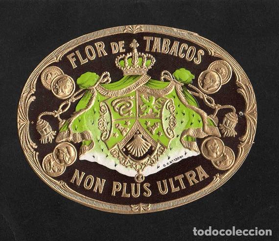 Vitolas de colecci&oacute;n: Vitola, original litograf&iacute;a. Antigua litograf&iacute;a de caja de tabacos. Flor de Tabacos.
