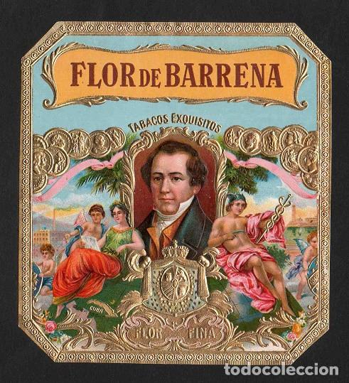 Vitolas de colecci&oacute;n: Vitola, original litograf&iacute;a. Antigua litograf&iacute;a de caja de tabacos. Flor de Barrena.