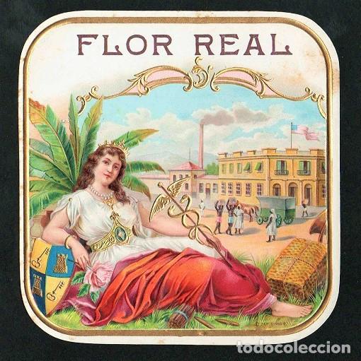 Vitolas de colecci&oacute;n: Vitola, original litograf&iacute;a. Antigua litograf&iacute;a de caja de tabacos. Flor Real.