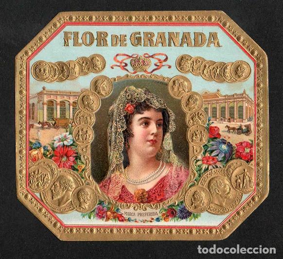 Vitolas de colecci&oacute;n: Vitola, original litograf&iacute;a. Antigua litograf&iacute;a de caja de tabacos. Flor de Granada.