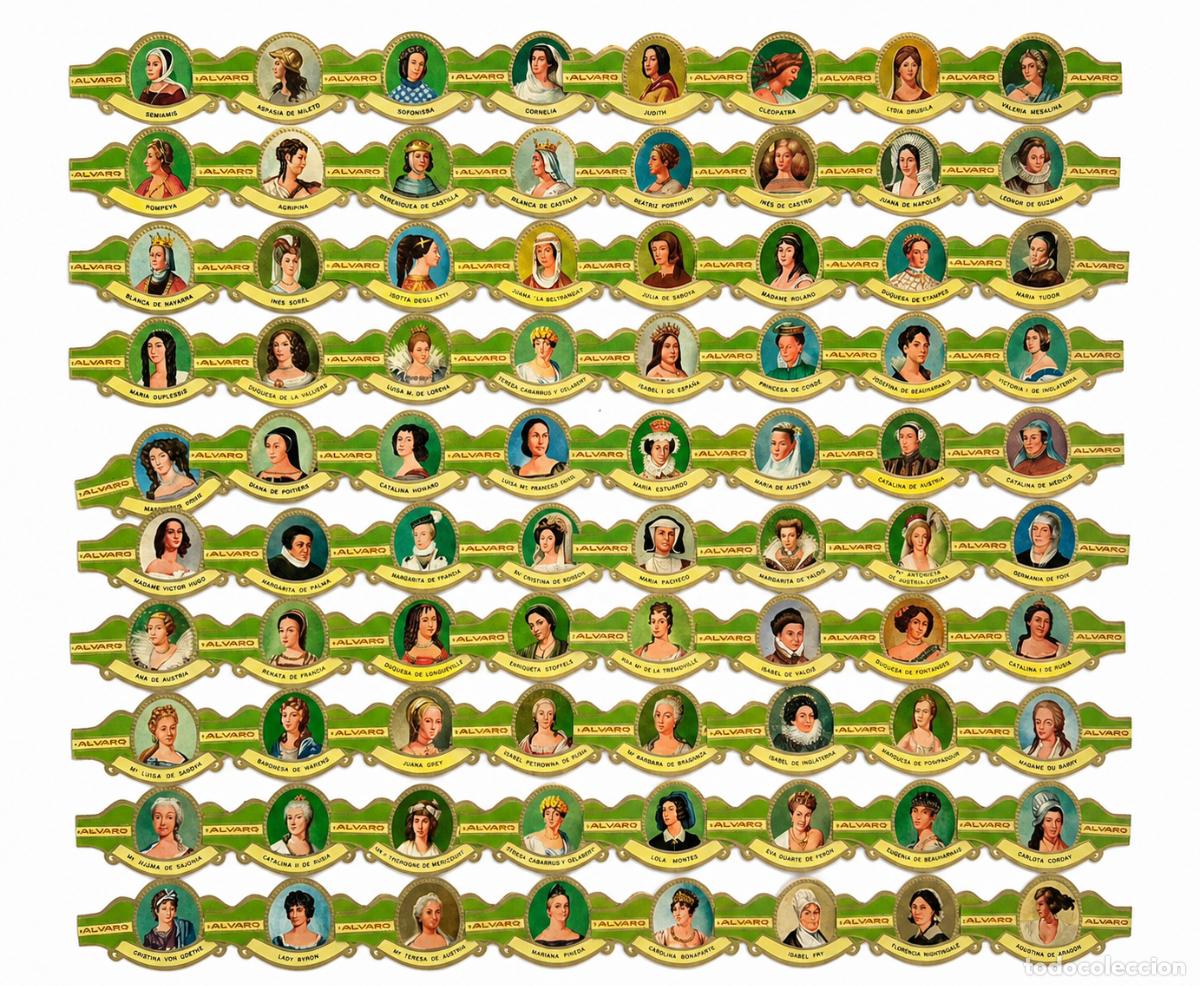 Vitolas de colecci&oacute;n: Colecci&oacute;n vitolas Alvaro verdes &ldquo;Mujeres Famosas en la Historia&rdquo; antiguas.