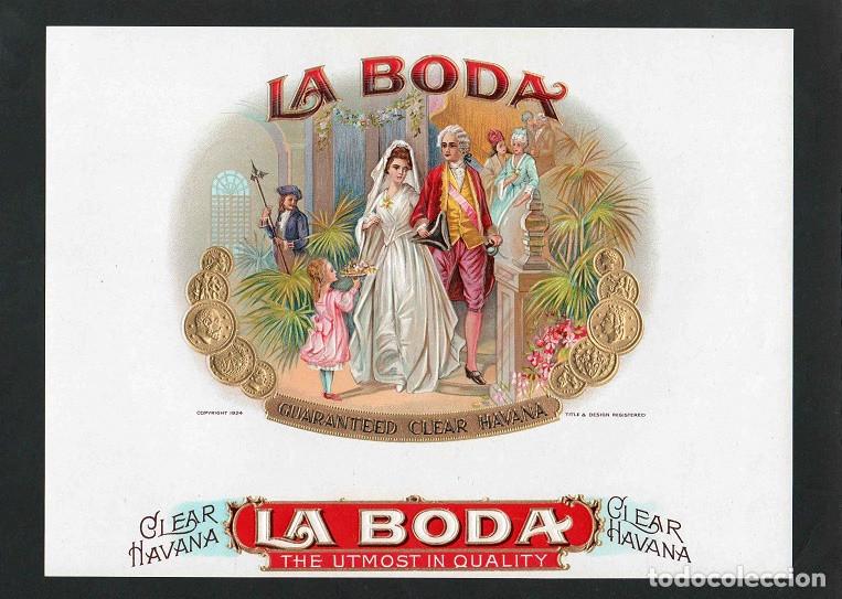 Vitolas de colecci&oacute;n: Vitola, original litograf&iacute;a. Antigua litograf&iacute;a de caja de tabacos. La Boda.