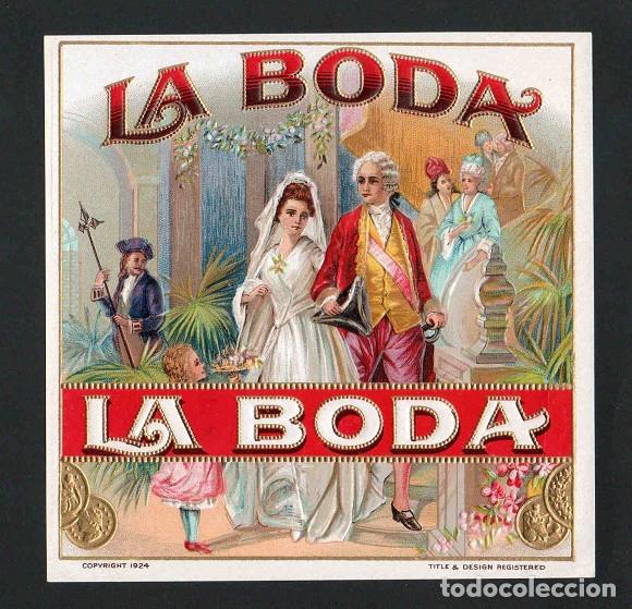 Vitolas de colecci&oacute;n: Vitola, original litograf&iacute;a. Antigua litograf&iacute;a de caja de tabacos. La Boda.